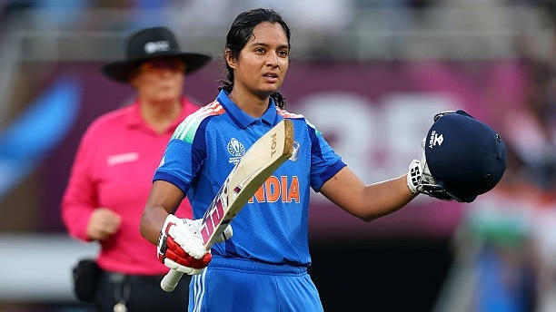 Pratika Rawal of India celebrates her century.