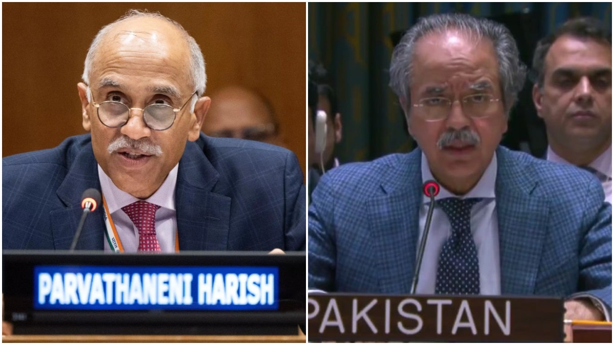 India's Permanent Representative to the United Nations Harish Paravathneni (L) and Pakistan's Permanent Representative Asim Iftikhar Ahmed