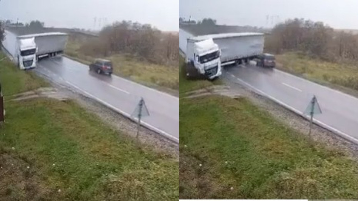 फिसलता हुआ आया ट्रक, सामने से आई तेज रफ्तार कार... भयानक हादसे का वीडियो वायरल