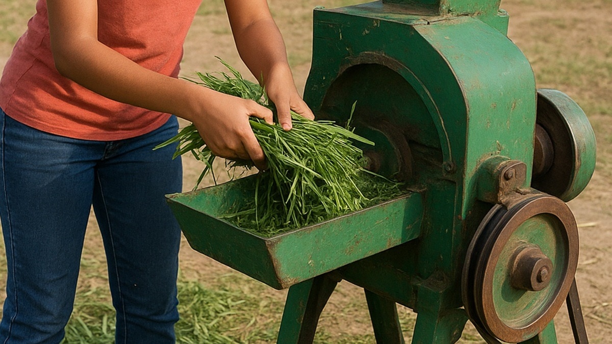 woman cutting fodder