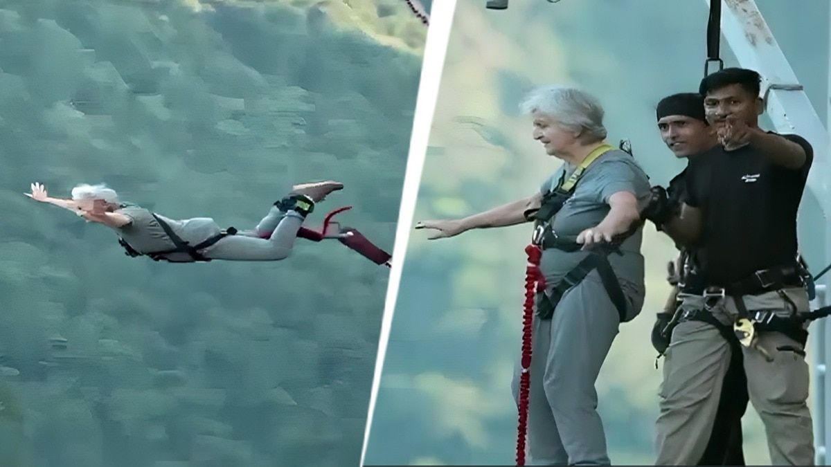 82 साल की महिला ने की बंजी जंपिंग, बड़े आराम से 117 मीटर ऊंचाई से लगाई छलांग, VIDEO