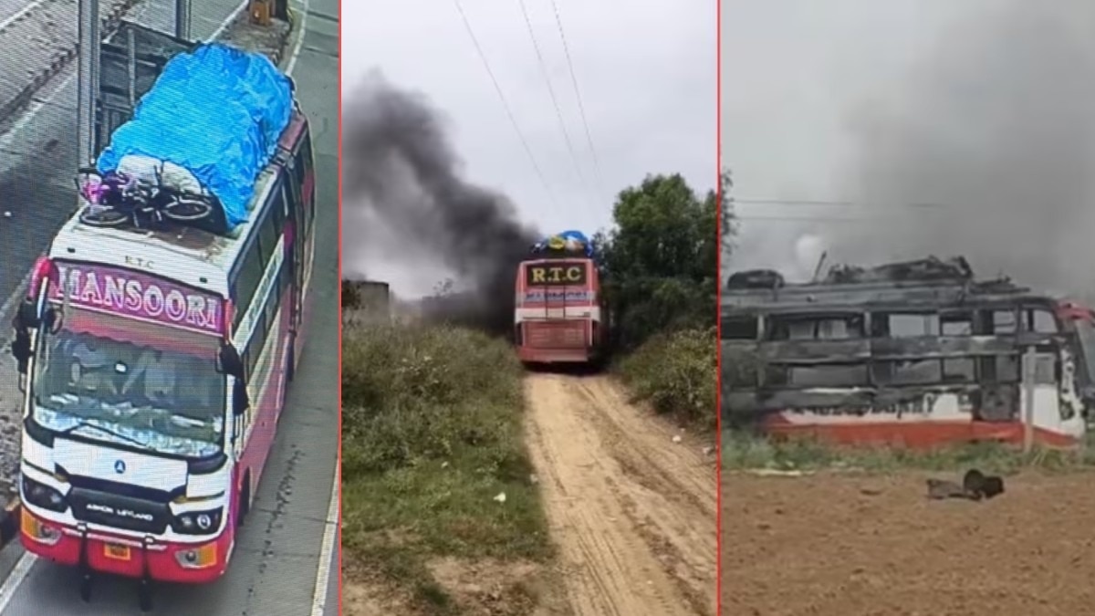 बिजली के तारों के संपर्क में आकर बस में लग गई आग.(Photo:Screengrab)