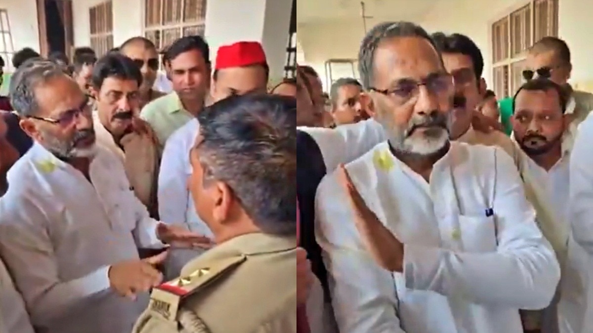 Argument between police and SP leader Rajkumar Bhati (Photo- Screengrab)