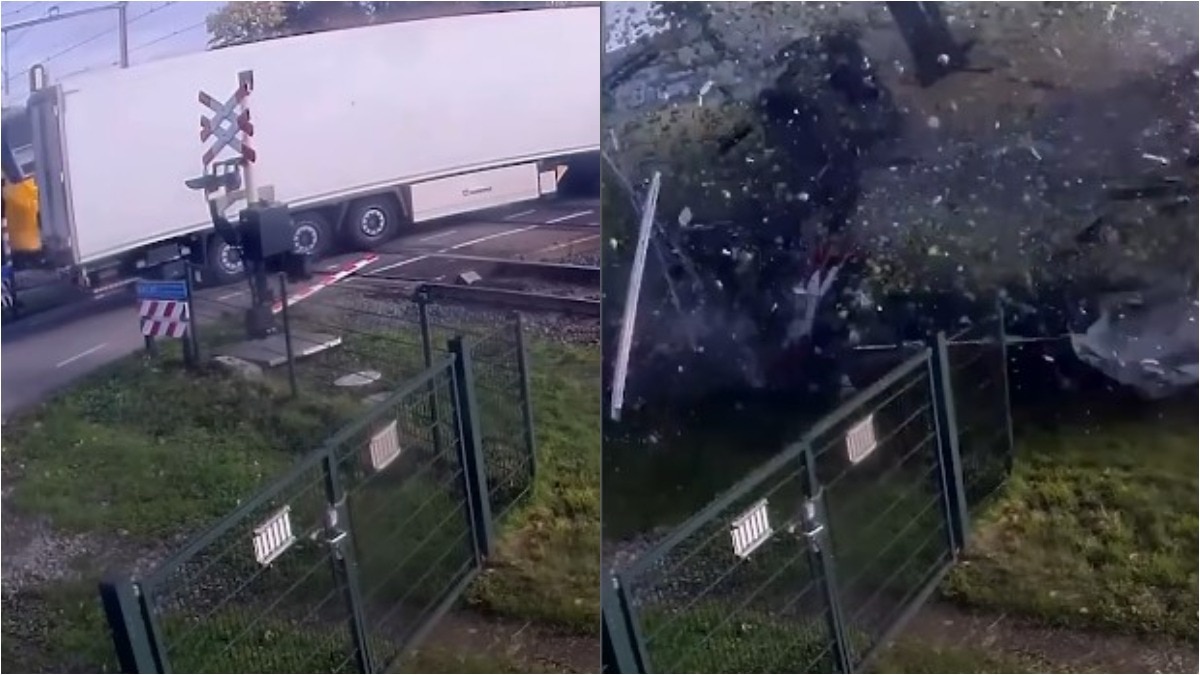 तेज रफ्तार ट्रेन ने ट्रक को मारी ऐसी टक्कर कि उड़ गए परखच्चे, वीडियो देखकर दहल उठे लोग