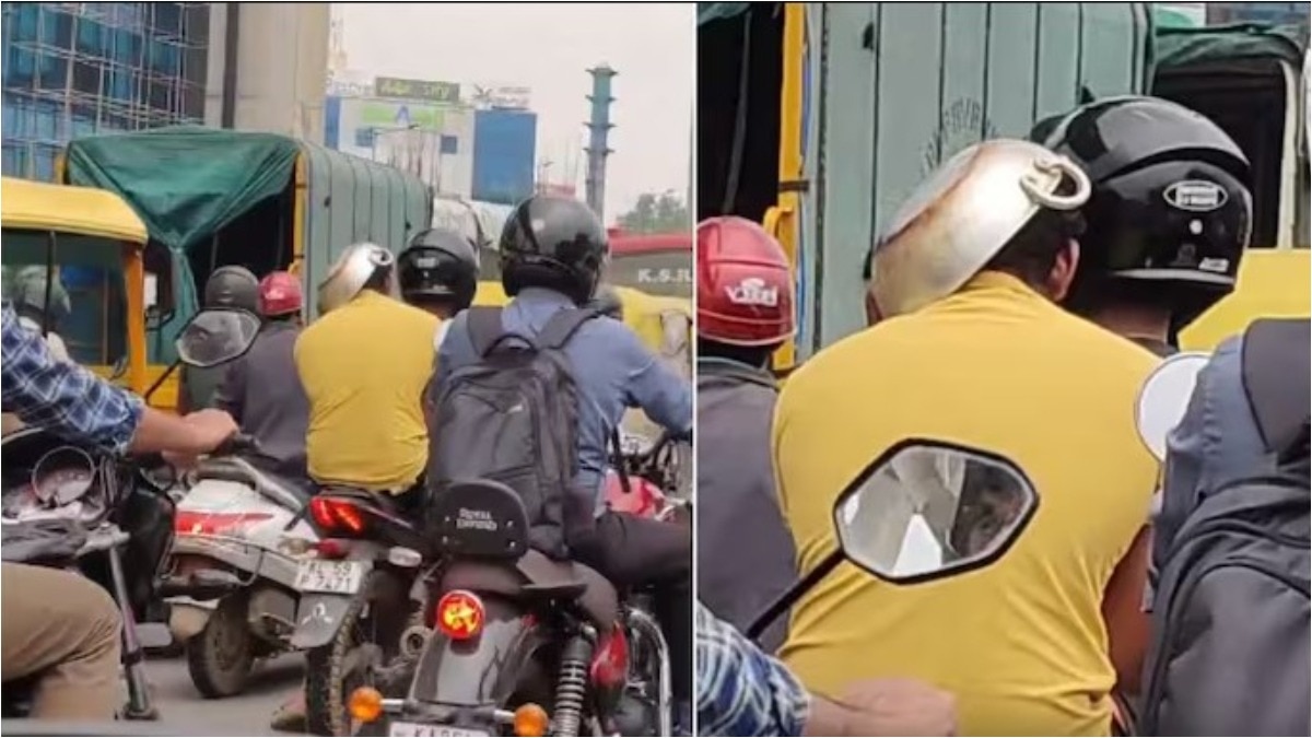 हेलमेट की जगह सिर पर पहन ली कढ़ाही, बेंगलुरु की ट्रैफिक में दिखा ये नजारा, Video