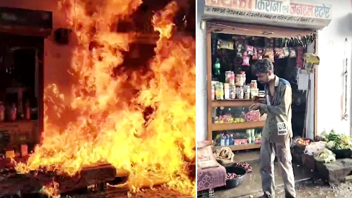 बेखौफ बदमाश ने दुकान में आग लगाई.(Photo:Screengrab) 