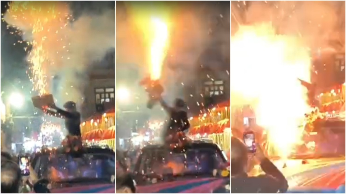 कार के सनरूफ से खड़ा होकर जला रहा था पटाखा, हुआ ऐसा हाल... देखें Video