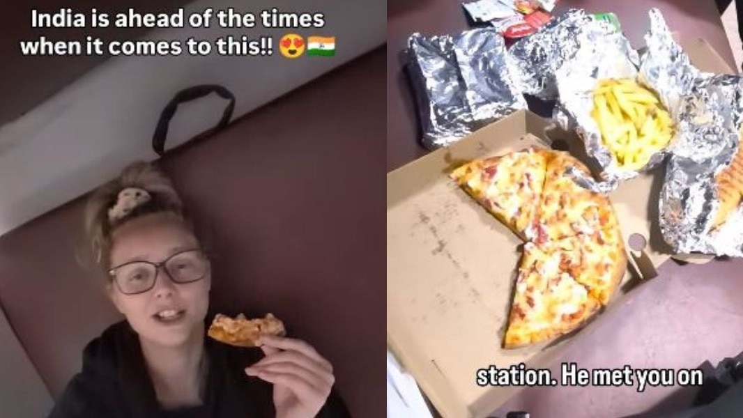 चलती ट्रेन में पिज्जा-फ्रेंच फ्राइज डिलीवर होने पर ऑस्ट्रेलियाई महिला हैरान, वीडियो वायरल