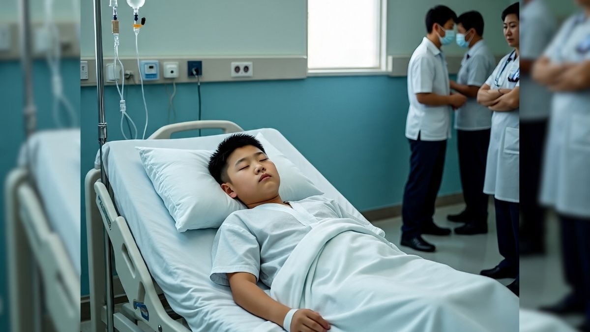 Chinese boy lying on a hospital bed