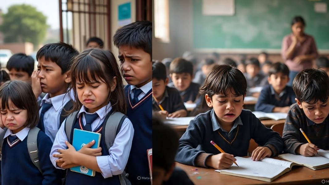 दिल्ली का एक स्कूल महंगी फीस लेने के बावजूद क्लासरूम में एयर प्यूरीफायर का इंतजाम नहीं कर पा रहा. ( Photo: AI Generated)
