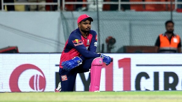 Sanju Samson of Rajasthan Royals looks on during the 2025 IPL match between Punjab Kings and Rajasthan Royals at Maharaja Yadavindra Singh International Cricket Stadium on April 5, 2025, in Mullanpur, Mohali, India.