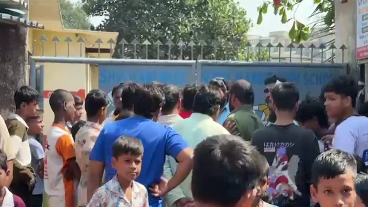 crowd outside school