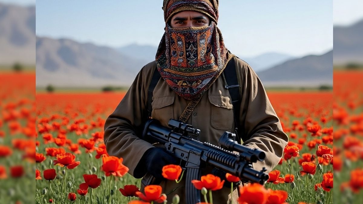 Masked afgani mujahid with firearms in afghanistan opium  fields