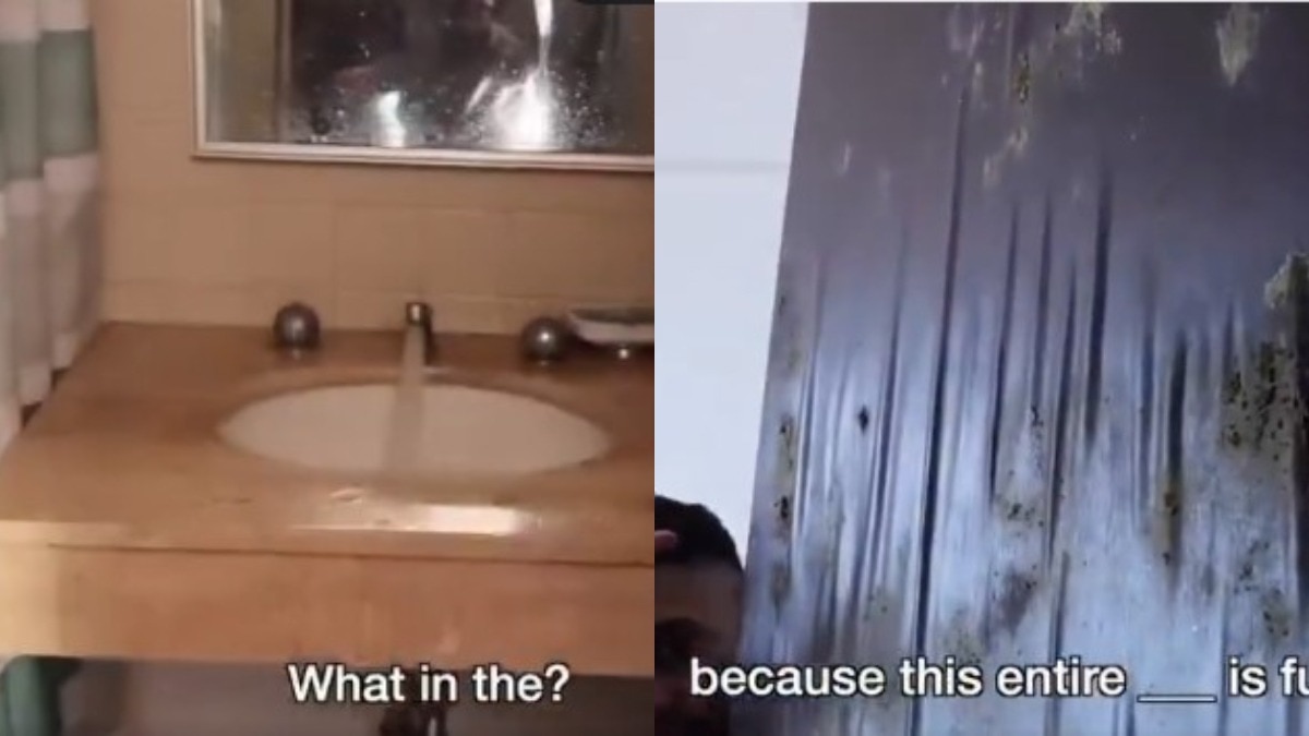 बाथरूम का दरवाजा पानी सोखकर फूल गया था (Photo:X/@financedystop)