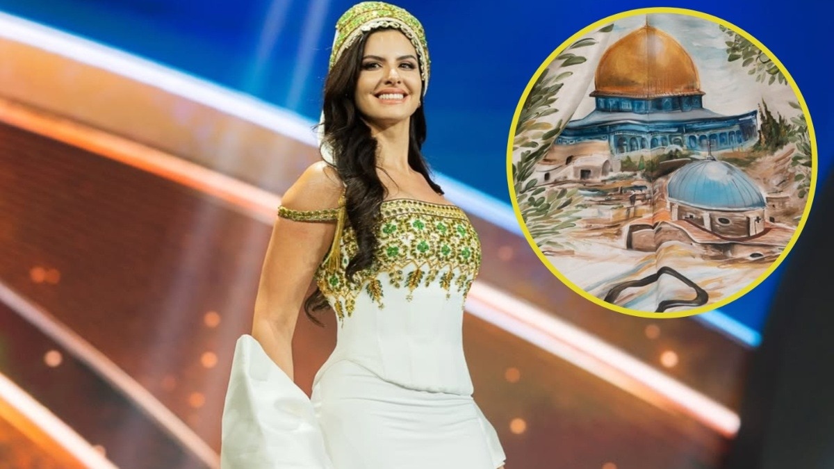 Miss Palestine wears Al Aqsa Mosque Painting dress at Miss Universe