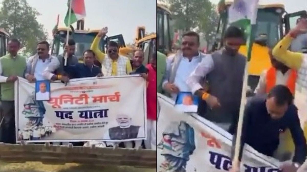 श्रावस्ती में बुलडोजर से नीचे गिर पड़े बीजेपी जिलाध्यक्ष (Photo: Screengrab)