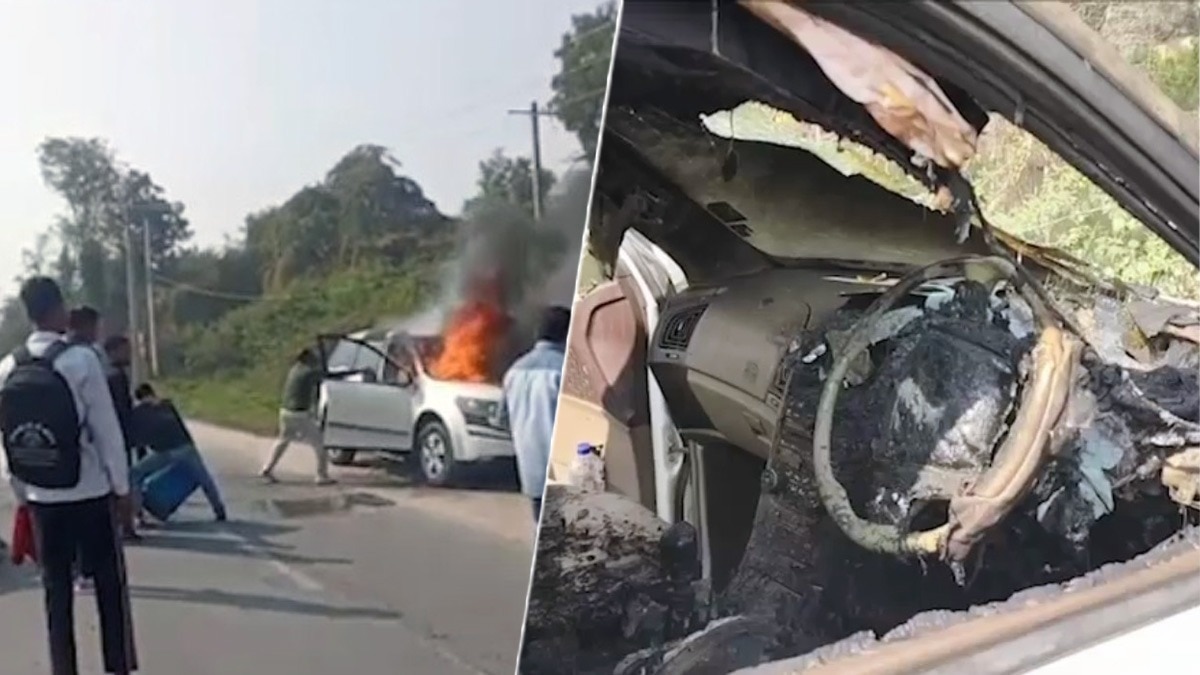 अजमेर-जयपुर राष्ट्रीय राजमार्ग पर कार में अचानक आग लग गई  (Photo: Screengrab)