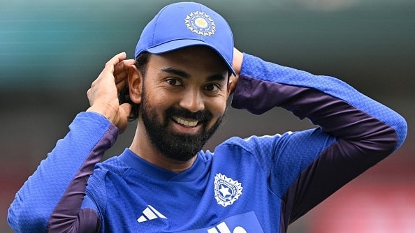 India's KL Rahul warms up prior to the start of the third one-day international (ODI) men's cricket match between Australia and India at the Sydney Cricket Ground in Sydney on October 25, 2025. 