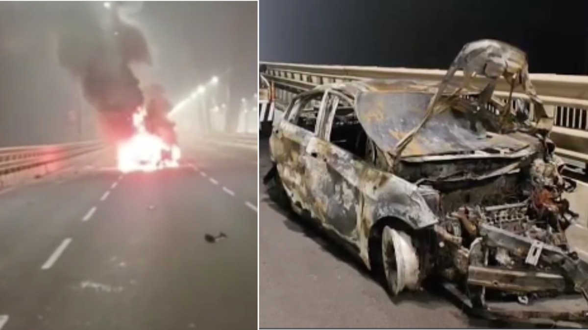 रोड पर धू-धू कर जली कार