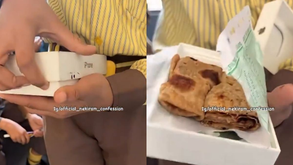 आईफोन के डिब्बे में लंच लेकर स्कूल पहुंचा बच्चा.  (Photo: x/@hariom5sharma)