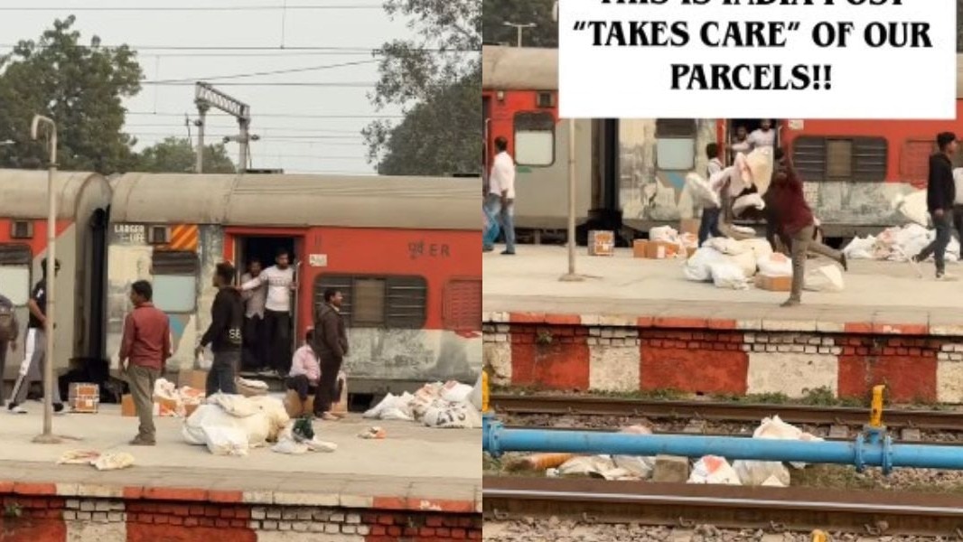 वीडियो में कर्मचारी बड़ी लापरवाही से एक-एक करके पैकेज ट्रैक पर फेंकते दिख रहे हैं. ( Photo: rajapansari_aa)