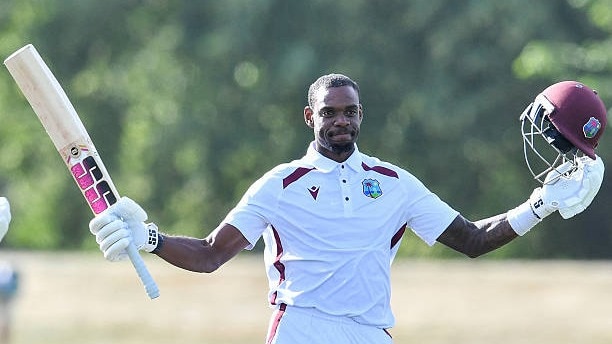 West Indies' Justin Greaves celebrates his double century