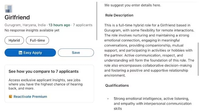 लिंक्डइन पर 'फुल-टाइम गर्लफ्रेंड' की वैकेंसी! गुरुग्राम के शख्स की पोस्ट पर 26 आवेदन