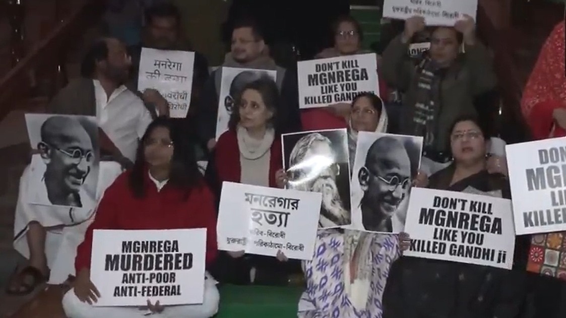 Opposition MPs protesting against the VB G RAM G bill.