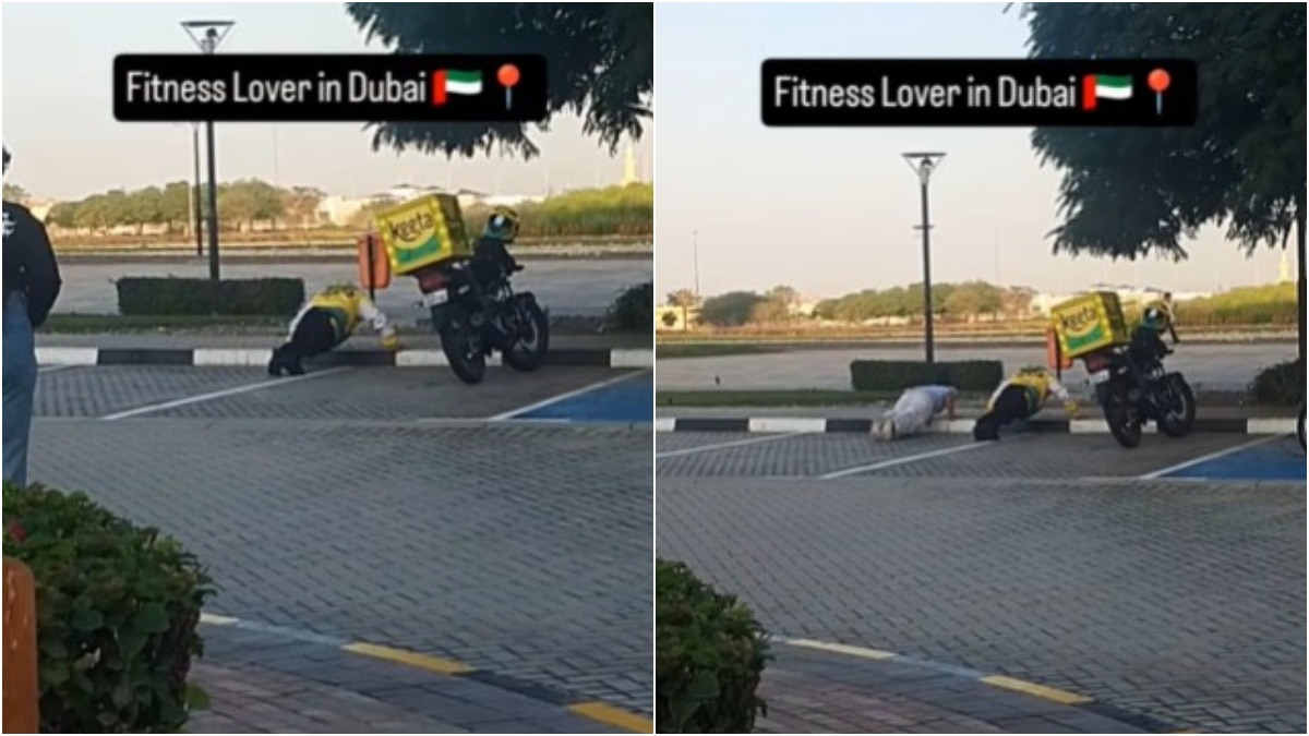 indian-woman-video-delivery-agent-exercising-beside-bike-dubai