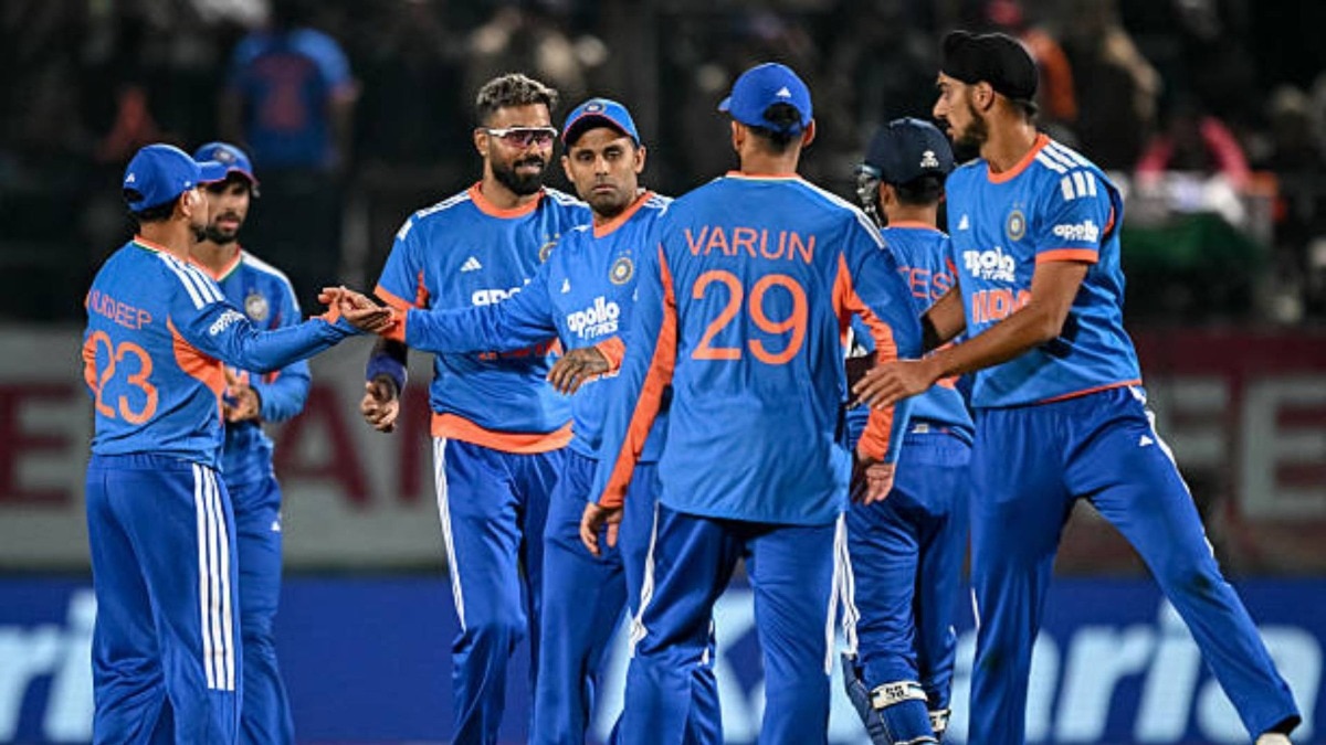 India's captain Suryakumar Yadav (C) celebrates with teammates after the dismissal of South Africa's Ottneil Baartman during the third Twenty20 international cricket match between India and South Africa