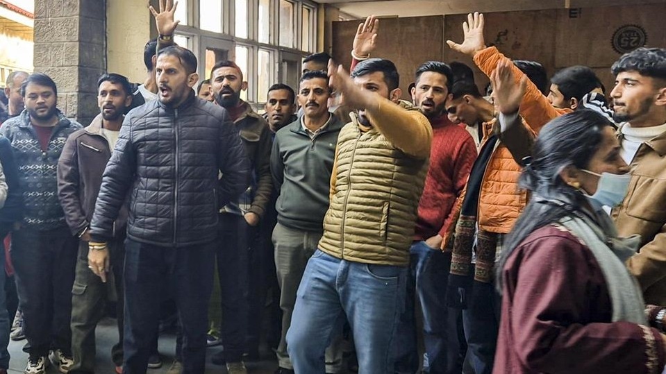 People protest outside a hospital in Shimla after a video of a doctor assaulting a patient went viral