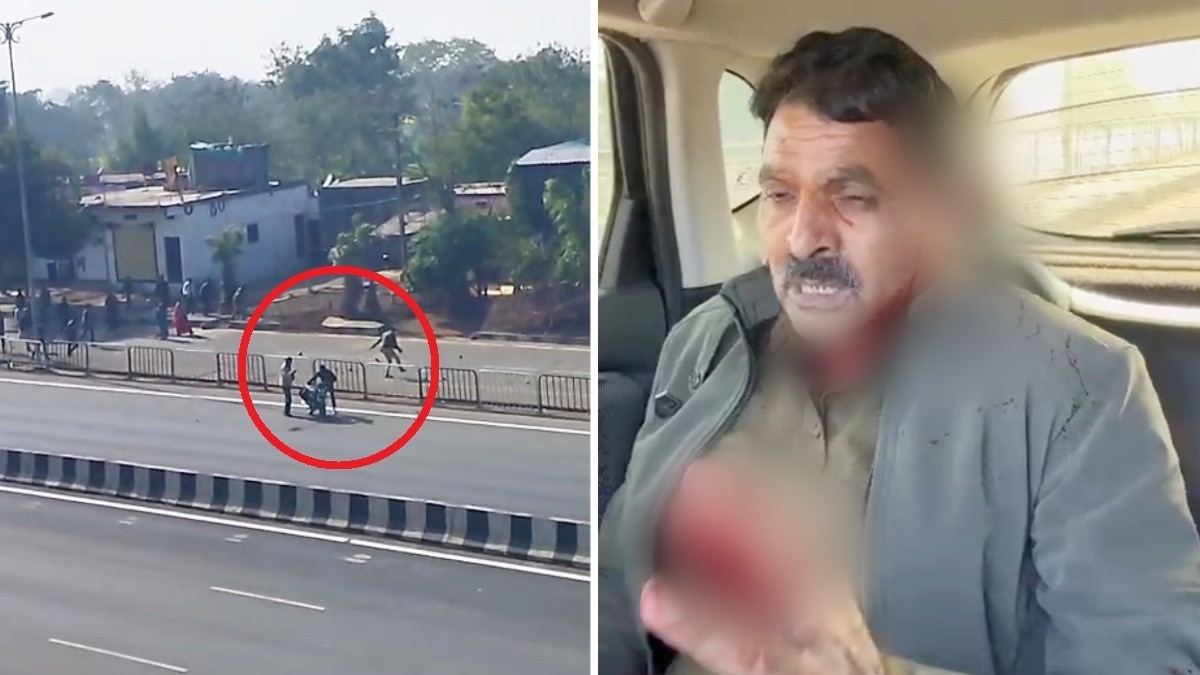 नेशनल हाईवे पर दौड़ाकर कर पुलिसकर्मियों को पीटा गया.(Photo:Screengrab)