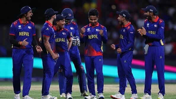Nepal's Rohit Paudel celebrates with his teammates in this frame