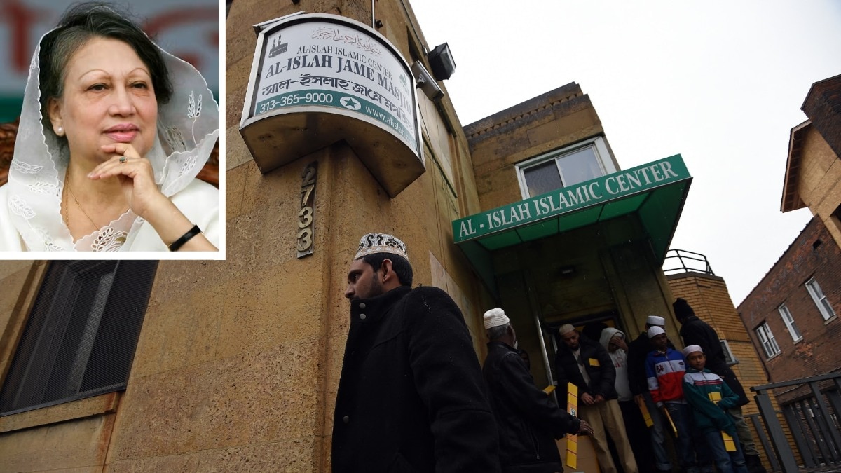 A signboard bearing Bangla can be seen in the mosque in Michigan's Hamtramck, the town in which a street has been named after former Bangladesh PM Khaleda Zia (in inset). (Images: File/AFP/Getty)