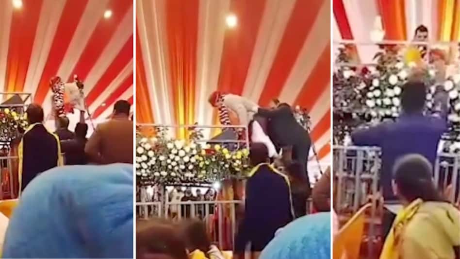 मंच से अचानक मुंह के बल गिरे बृजभूषण शरण सिंह, पूरा वाकया कैमरे में कैद, देखें वीडियो - gonda brijbhushan sharan singh birthday program stage fall viral video ntc agkp - AajTak