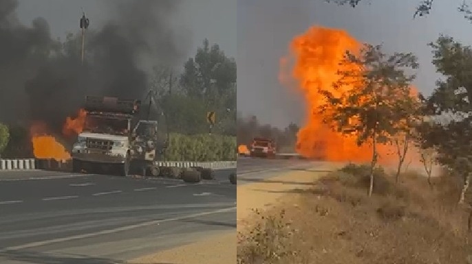 महासमुंद में सिलेंडर से भरे पिकअप वाहन में लगी आग. (Photo: Screengrab)