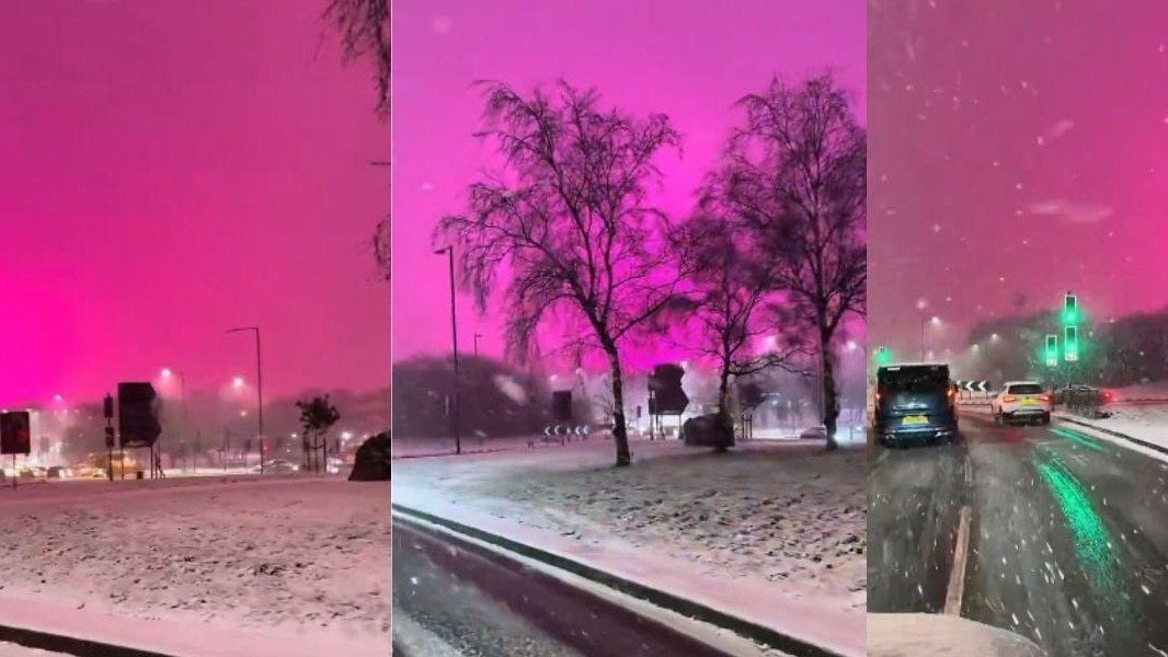 ब्रिटेन के बर्मिंघम शहर में लोगों ने देखा कि पूरा आसमान गुलाबी रंग में चमक रहा है. (Photo:X/ @@shaqxii)
