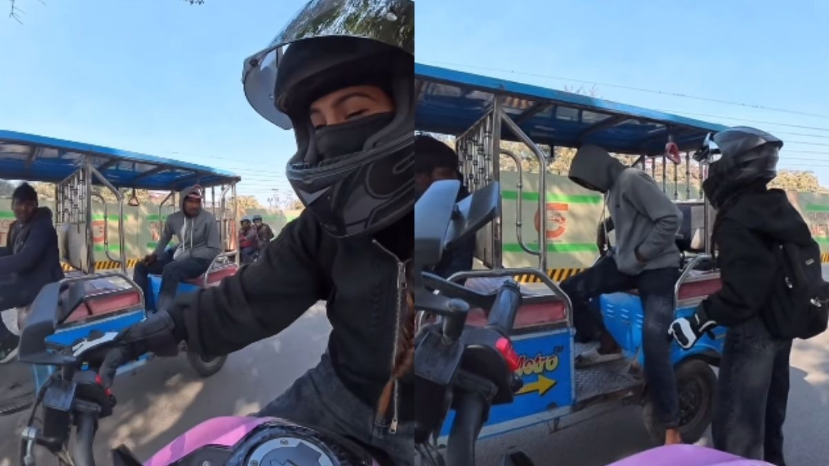  ई-रिक्शा में सवार एक युवक महिला सोशल मीडिया इन्फ्लुएंसर को देख अश्लील इशारा किया. (Photo: insta/@nikkirideruk_03)