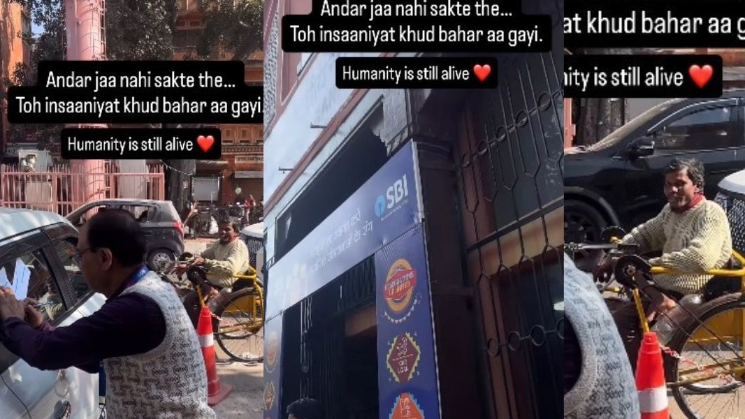 जयपुर की SBI ब्रांच में कर्मचारियों ने दिव्यांग व्यक्ति की मदद के लिए बैंक से बाहर आकर उसका काम किया. ( Photo: Instagram/@so_nawane_dinesh )