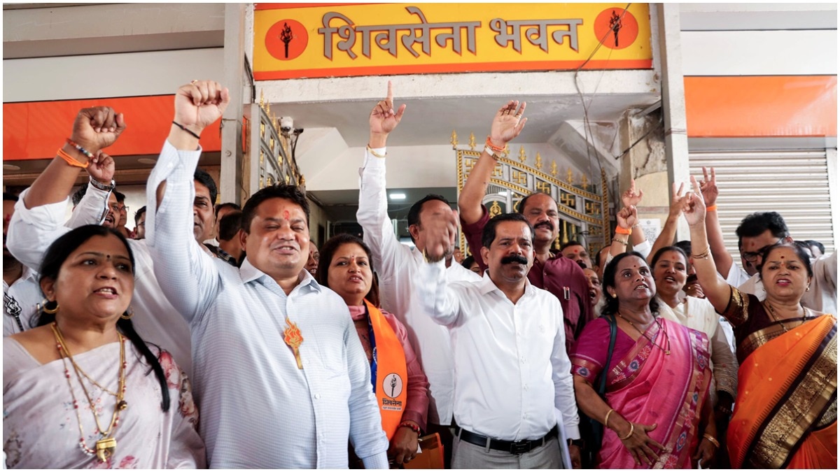 Shiv Sena (UBT) councillors protest against the decision to decide the mayor's category through a lottery system outside Shiv Sena Bhavan in Mumbai