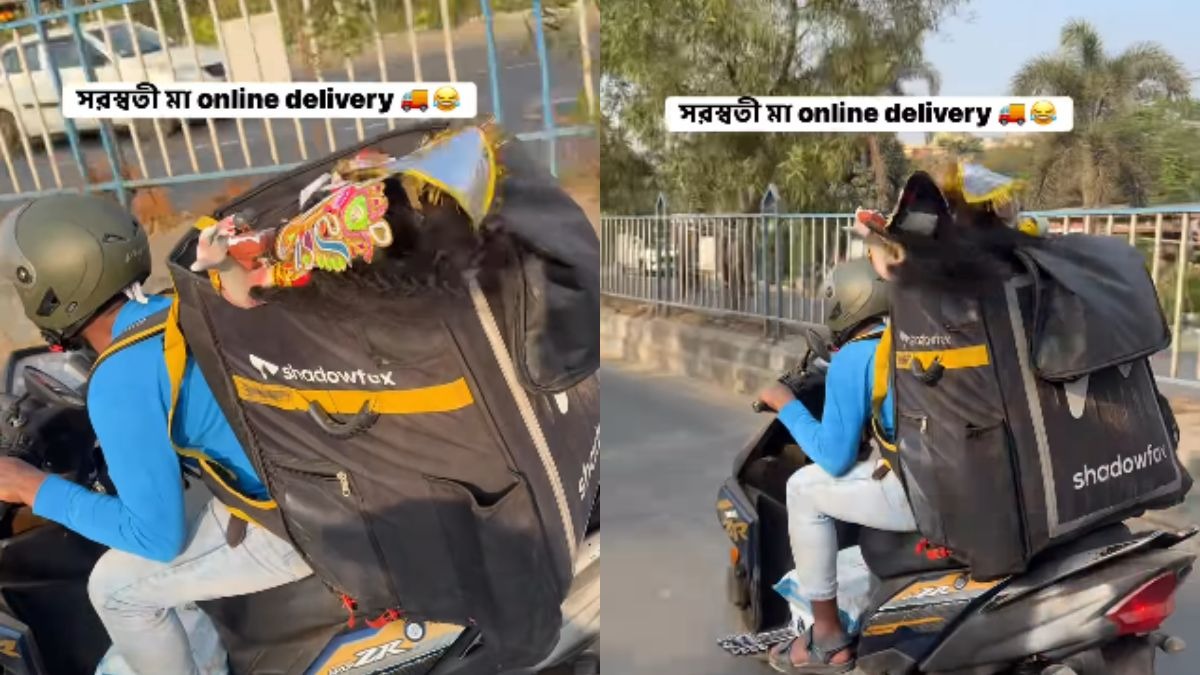 वायरल वीडियो में देखा जा रहा है कि डिलीवरी बॉय मां सरस्वती की ऑनलाइन डिलीवरी कर रहा है.  (Photo: insta/ @Lishasamajdermua)