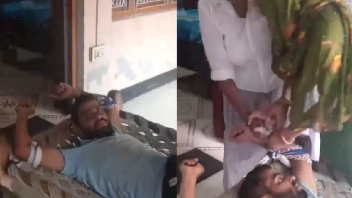 पत्नी ने पतों को चारपाई से बांधा. (Photo: Screengrab)
