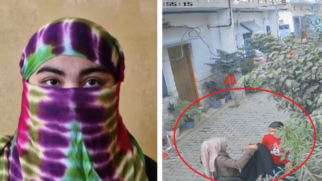 पहली तस्वीर में पीड़ित लड़की और दूसरे में बुर्का पहनाने की कोशिश करती लड़कियां. (Photo: Screengrab)