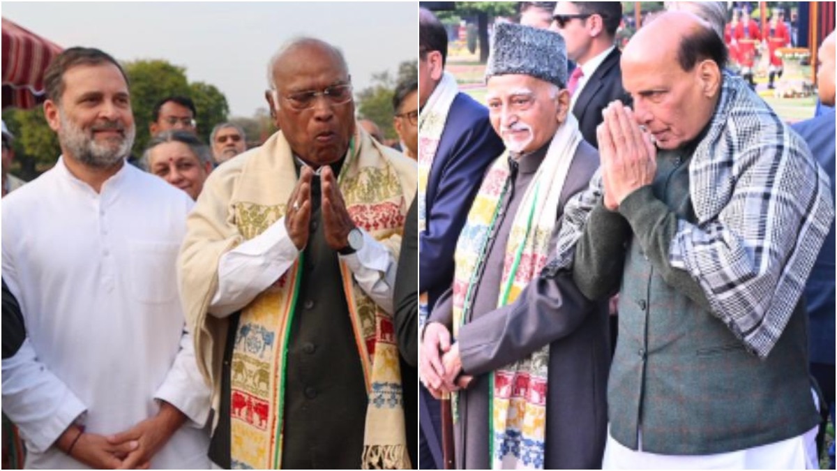 राष्ट्रपति भवन में प्रेसिडेंट द्रौपदी मुर्मू द्वारा आयोजित 'एट होम रिसेप्शन' में राहुल गांधी और राजनाथ सिंह शामिल हुए. (Photo: X/@rashtrapatibhvn)