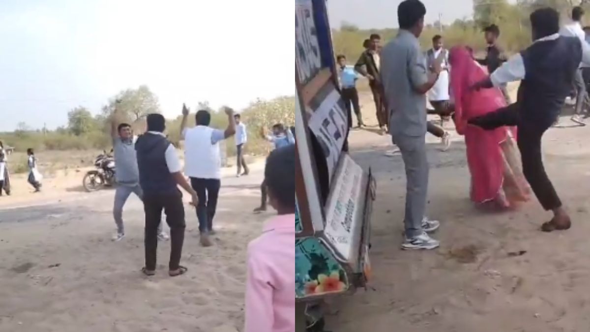 राजस्थान के बाड़मेर जिले से वीडियो सोशल मीडिया पर तेजी से वायरल हो रहा है जिसमें एक व्यक्ति ने महिला को लात मार दी है.  (Photo: x/@PRMundru)