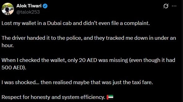 स घटना ने दुबई की ईमानदारी, सख्त कानून और मजबूत व्यवस्था को लेकर ऑनलाइन चर्चा छेड़ दी है.(Photp: X/@talok253)