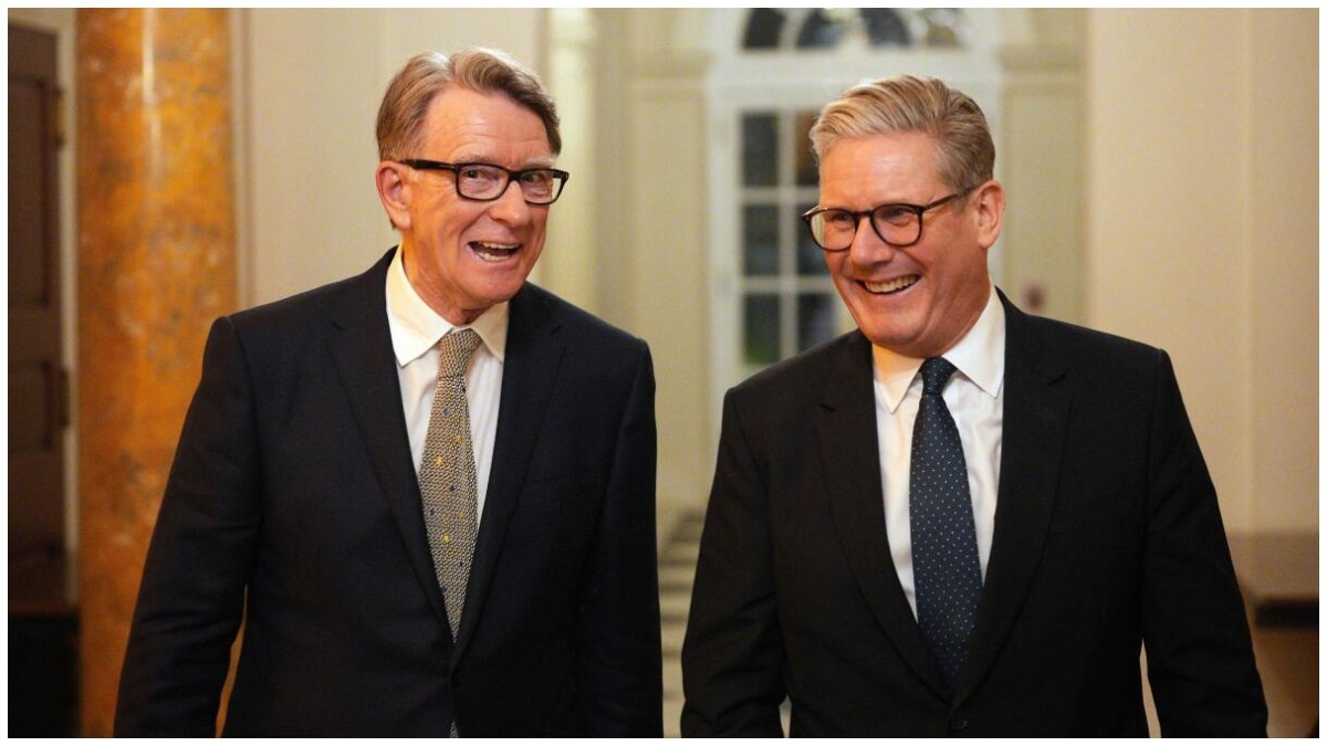 British Prime Minister Keir Starmer, right, talks with Britain’s then ambassador to the United States Peter Mandelson