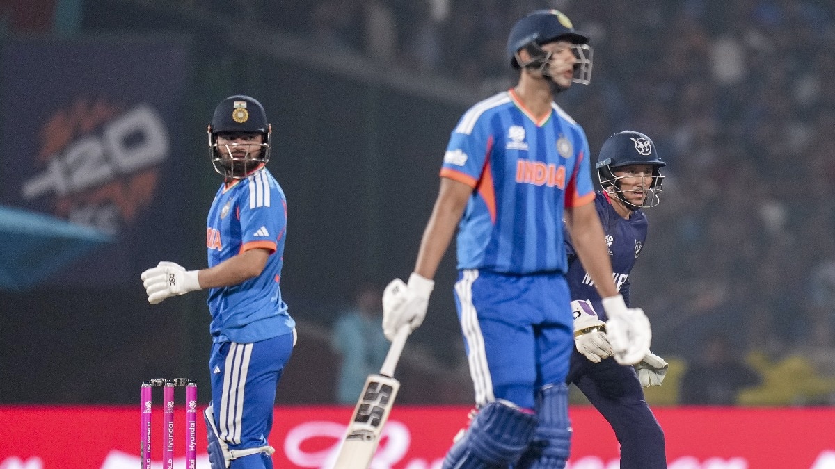  India's Rinku Singh, left, looks on as teammate Shivam Dube, front right, gets run out during an ICC Men's T20 World Cup 2026 cricket match between India and Namibia, at the Arun Jaitley Stadium, in New Delhi