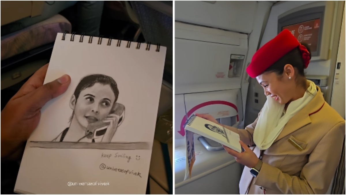 फ्लाइट में बैठे- बैठे एयर होस्टेस की बना दी खूबसूरत तस्वीर (Photo - Instagram/@universeofvivek)