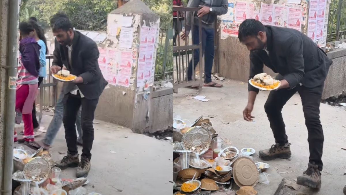 दिल्ली का एक वीडियो वायरल हो रहा है जिसमें एक व्यक्ति को कूड़े से खाना  इकट्ठा करते देखा जा रहा है. (Photo: insta/ North_Campus_Boys)